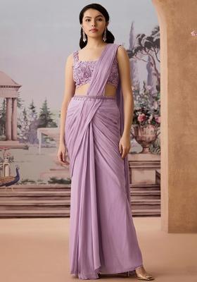 Lavender Embroidered Handwork Pre Draped Saree Set