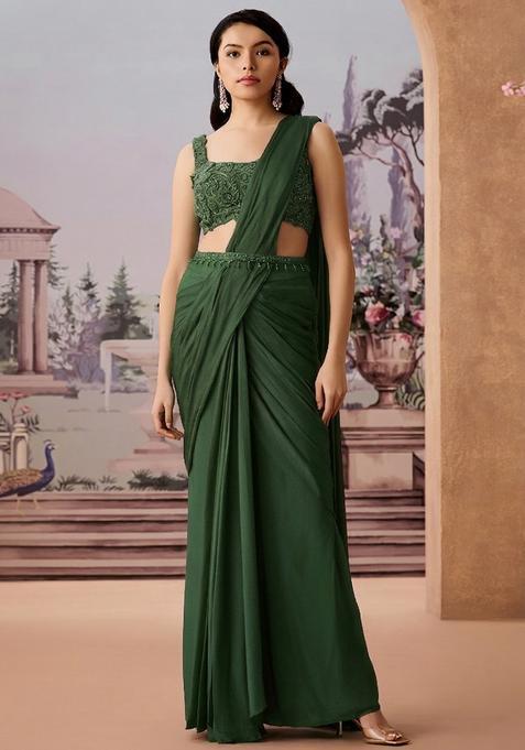 Green Embroidered Handwork Pre Draped Saree Set