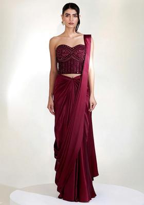 Wine Red Embroidered Handwork Pre Draped Saree Set