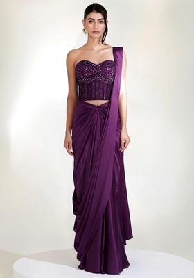 Dark Purple Embroidered Handwork Pre Draped Saree Set