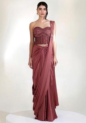Mauve Embroidered Handwork Pre Draped Saree Set