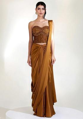 Copper Embroidered Handwork Pre Draped Saree Set
