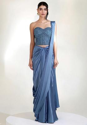 Pastel Blue Embroidered Handwork Pre Draped Saree Set