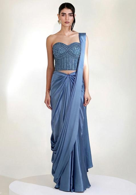 Pastel Blue Embroidered Handwork Pre Draped Saree Set