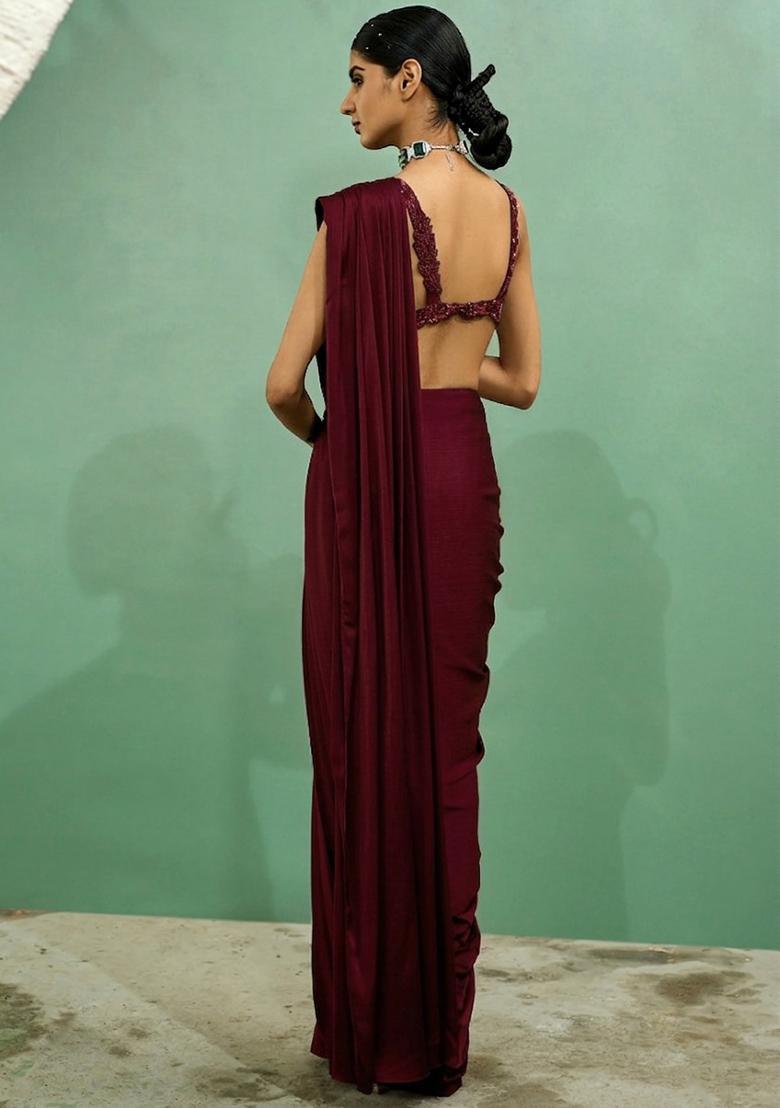 Maroon Embroidered Handwork Pre Draped Saree Set - Indya