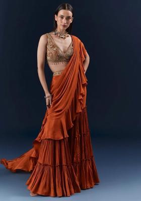 Rust Embroidered Handwork Pre Draped Saree Set