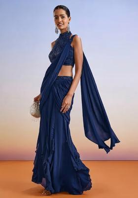 Navy Blue Embroidered Handwork Pre Draped Saree Set
