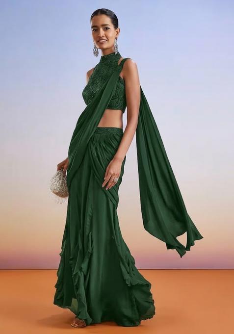 Green Embroidered Handwork Pre Draped Saree Set