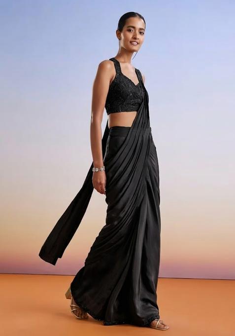 Jet Black Embroidered Handwork Pre Draped Saree Set