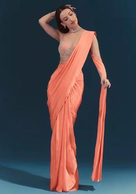 Peach Embroidered Handwork Pre Draped Saree Set