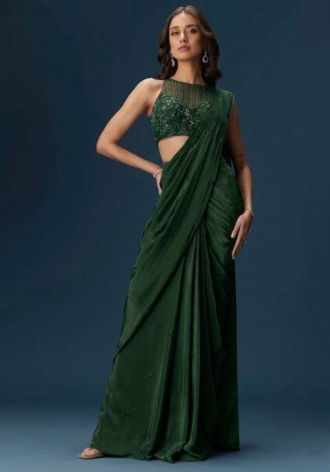 Emarald Green Embroidered Handwork Pre Draped Saree Set