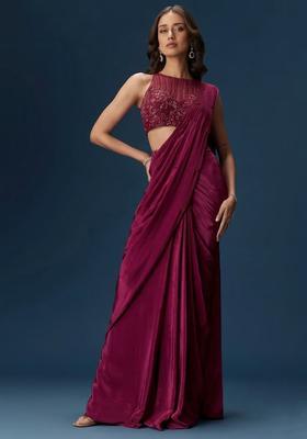 Magenta Embroidered Handwork Pre Draped Saree Set