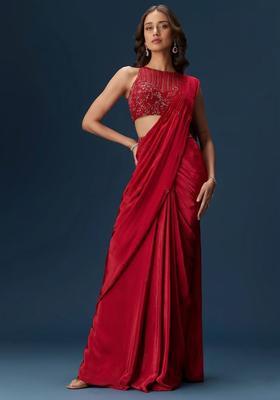 Crimson Red Embroidered Handwork Pre Draped Saree Set