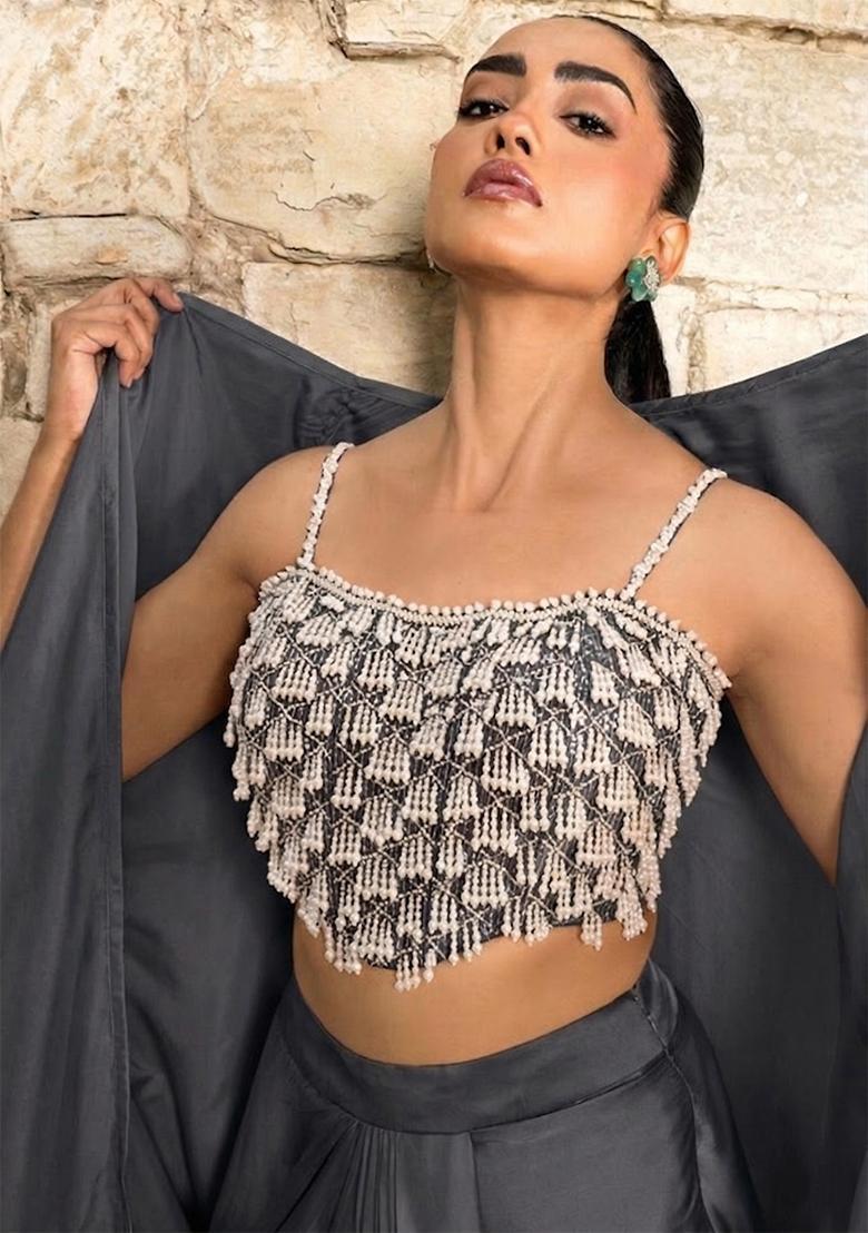 Charcoal Grey Embroidered Handwork Fusion Set - Indya