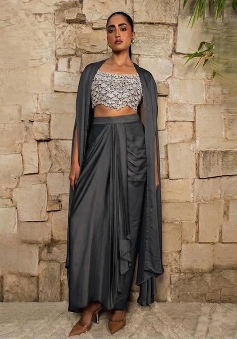 Charcoal Grey Embroidered Handwork Fusion Set