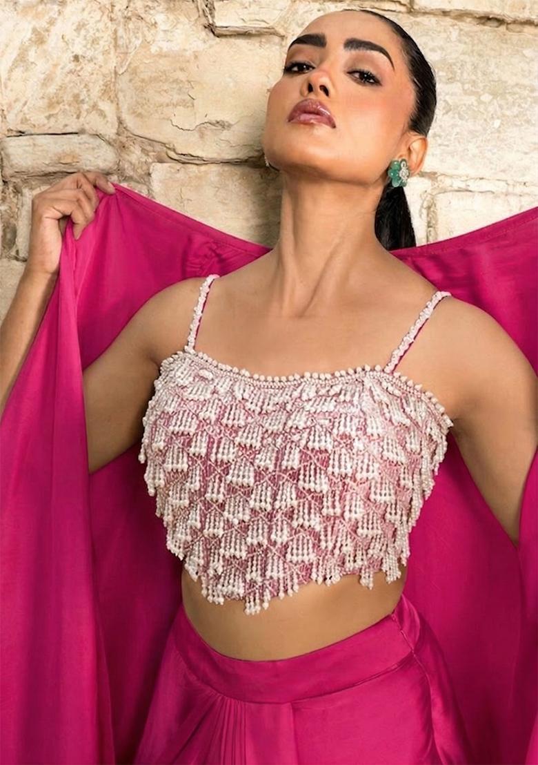 Hot Pink Embroidered Handwork Fusion Set - Indya