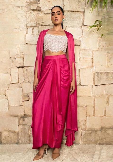 Hot Pink Embroidered Handwork Fusion Set