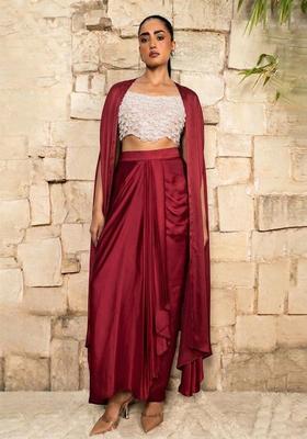 Maroon Embroidered Handwork Fusion Set