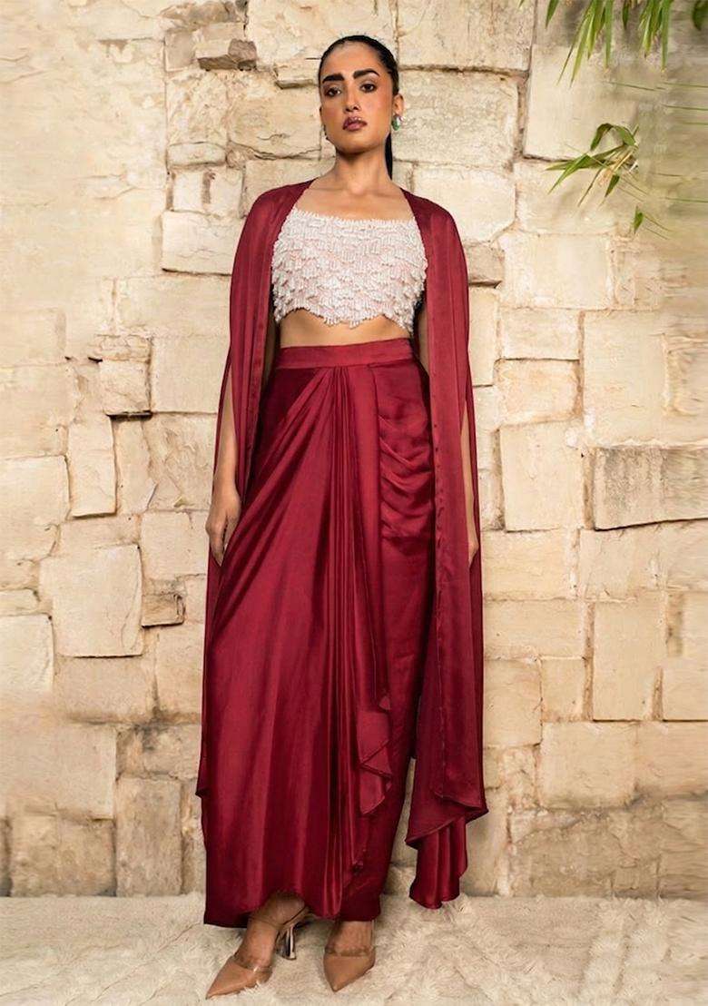 Maroon Embroidered Handwork Fusion Set - Indya