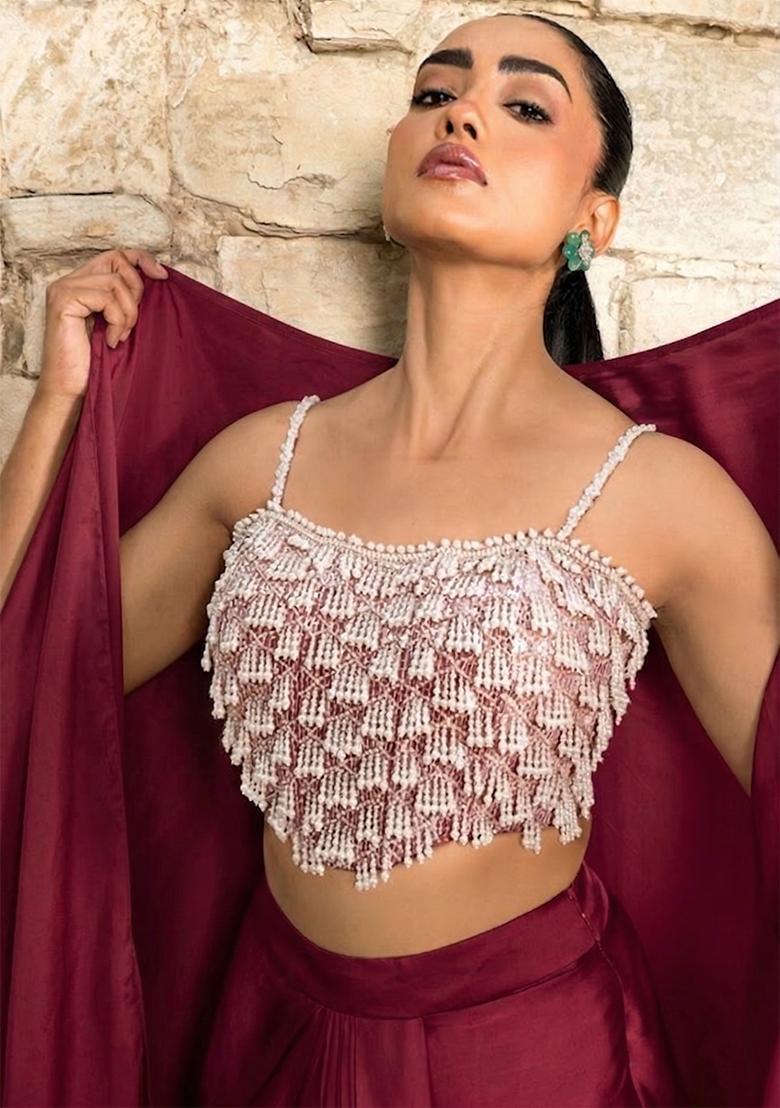 Maroon Embroidered Handwork Fusion Set - Indya