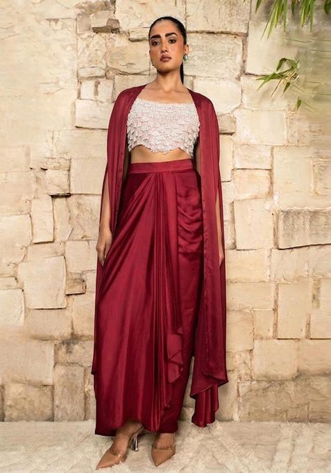 Maroon Embroidered Handwork Fusion Set