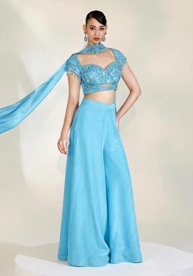 Sky Blue Embroidered Handwork Fusion Set