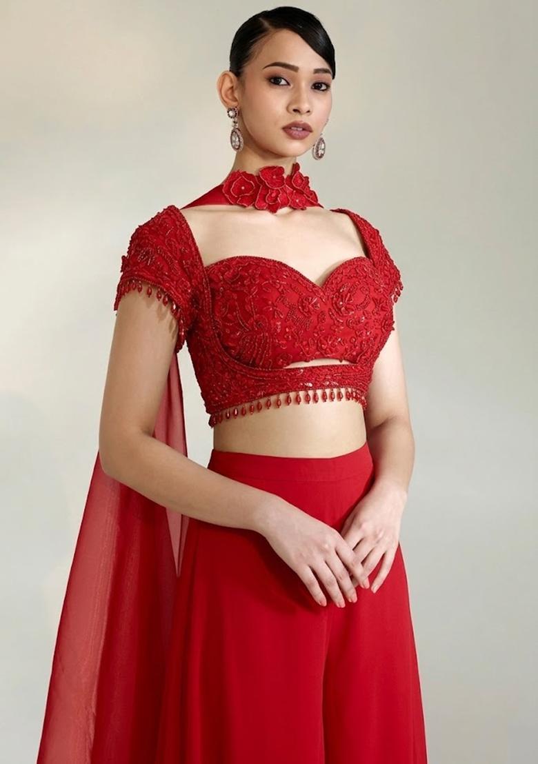 Crimson Red Embroidered Handwork Fusion Set - Indya