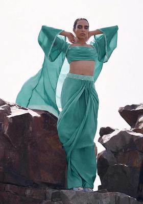 Mint Green Embroidered Handwork Fusion Set