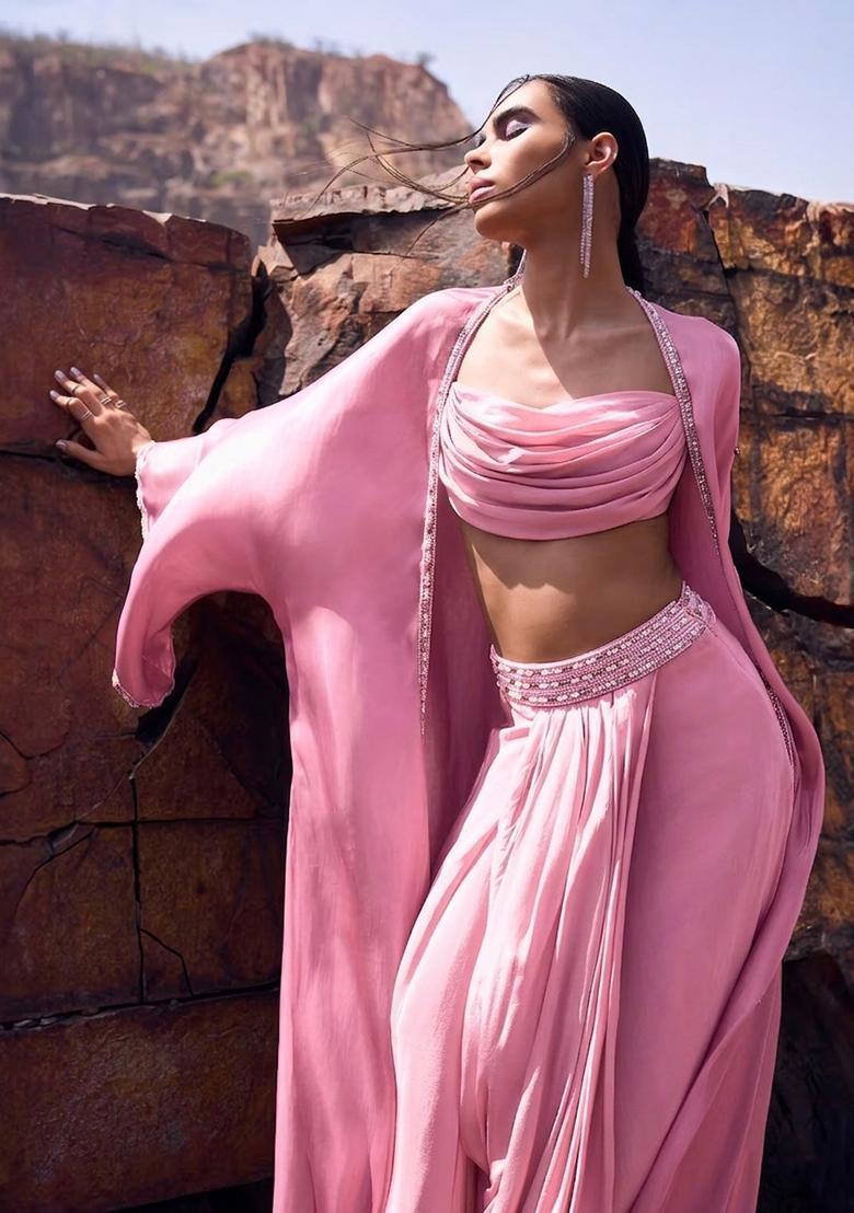 Rose Pink Embroidered Handwork Fusion Set - Indya