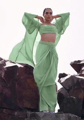 Mint Green Embroidered Handwork Fusion Set