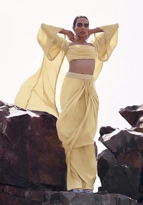 Yellow Embroidered Handwork Fusion Set