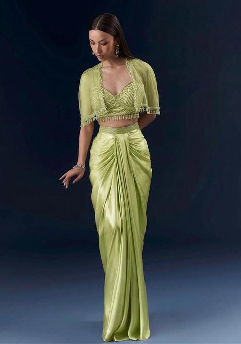 Green Embroidered Handwork Fusion Set