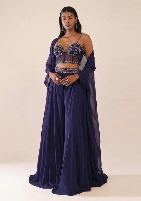 Indigo Purple Embroidered Handwork Fusion Set