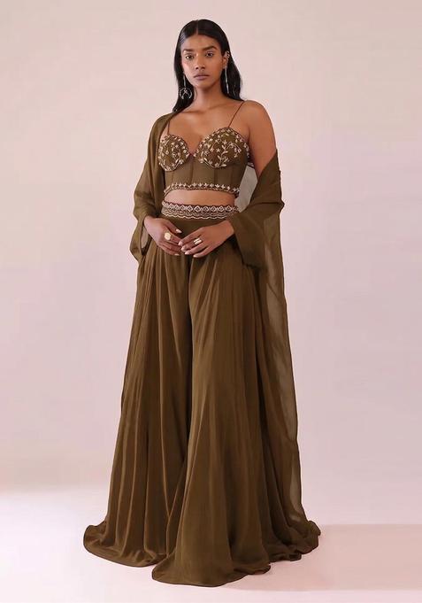 Brown Embroidered Handwork Fusion Set