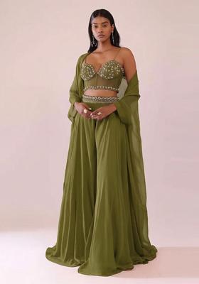 Olive Green Embroidered Handwork Fusion Set