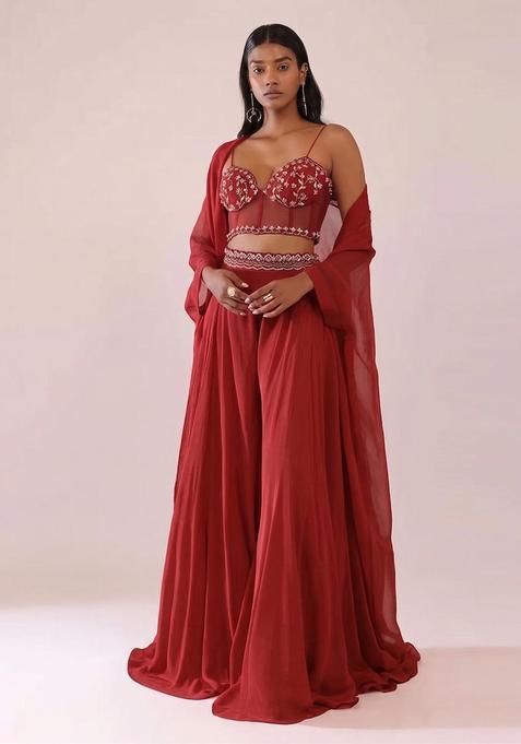 Red Embroidered Handwork Fusion Set