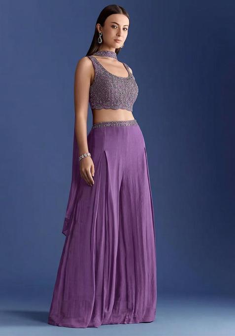 Mauve Purple Embroidered Handwork Fusion Set