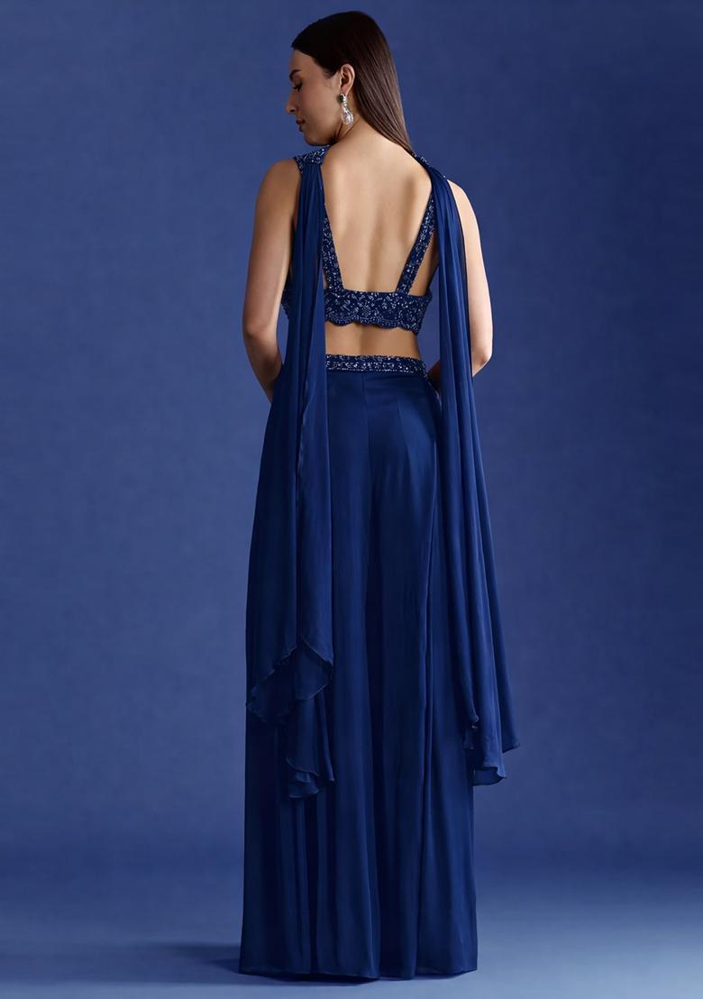 Navy Blue Embroidered Handwork Fusion Set - Indya