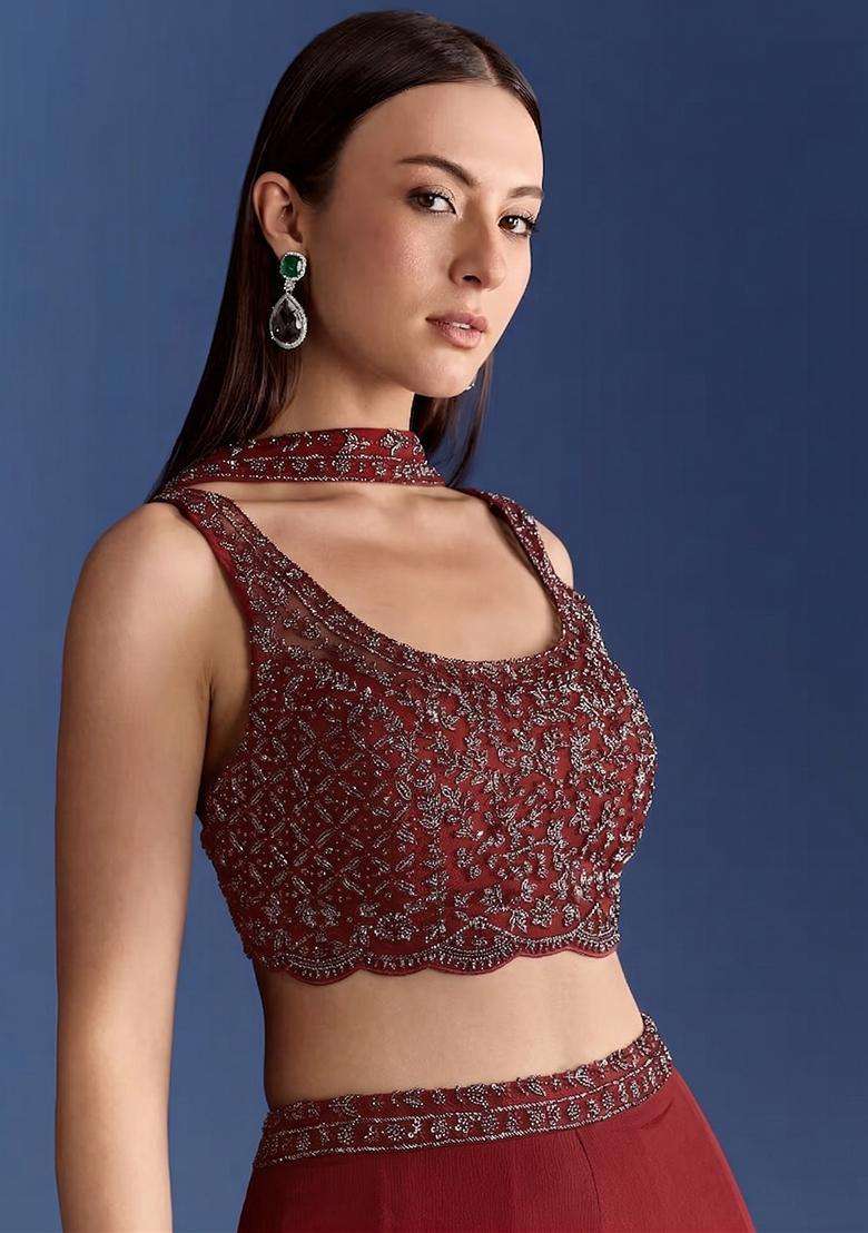 Maroon Embroidered Handwork Fusion Set - Indya