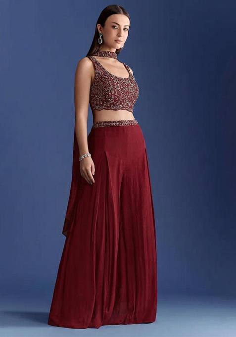 Maroon Embroidered Handwork Fusion Set