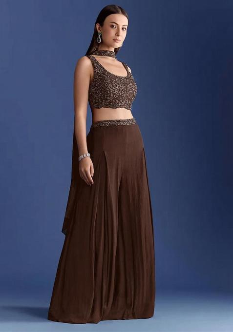 Dark Brown Embroidered Handwork Fusion Set