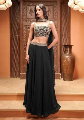 Jet Black Embroidered Handwork Lehenga Set