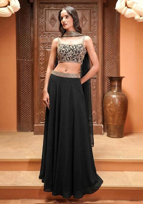 Jet Black Embroidered Handwork Lehenga Set