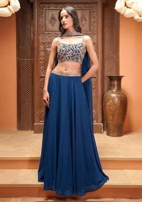 Navy Blue Embroidered Handwork Lehenga Set