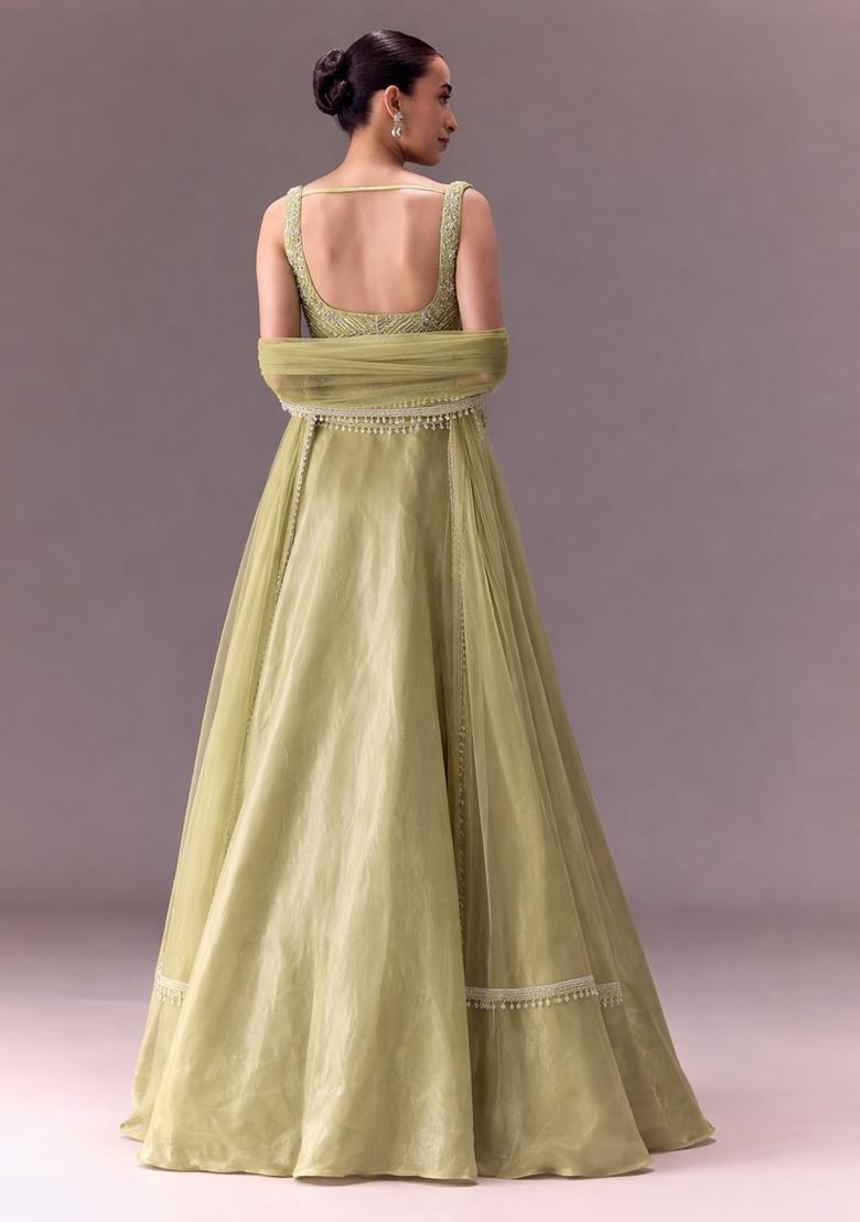 Mint Green Embroidered Handwork Lehenga Set - Indya