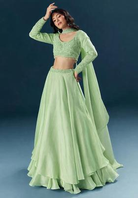 Mint Green Embroidered Handwork Lehenga Set