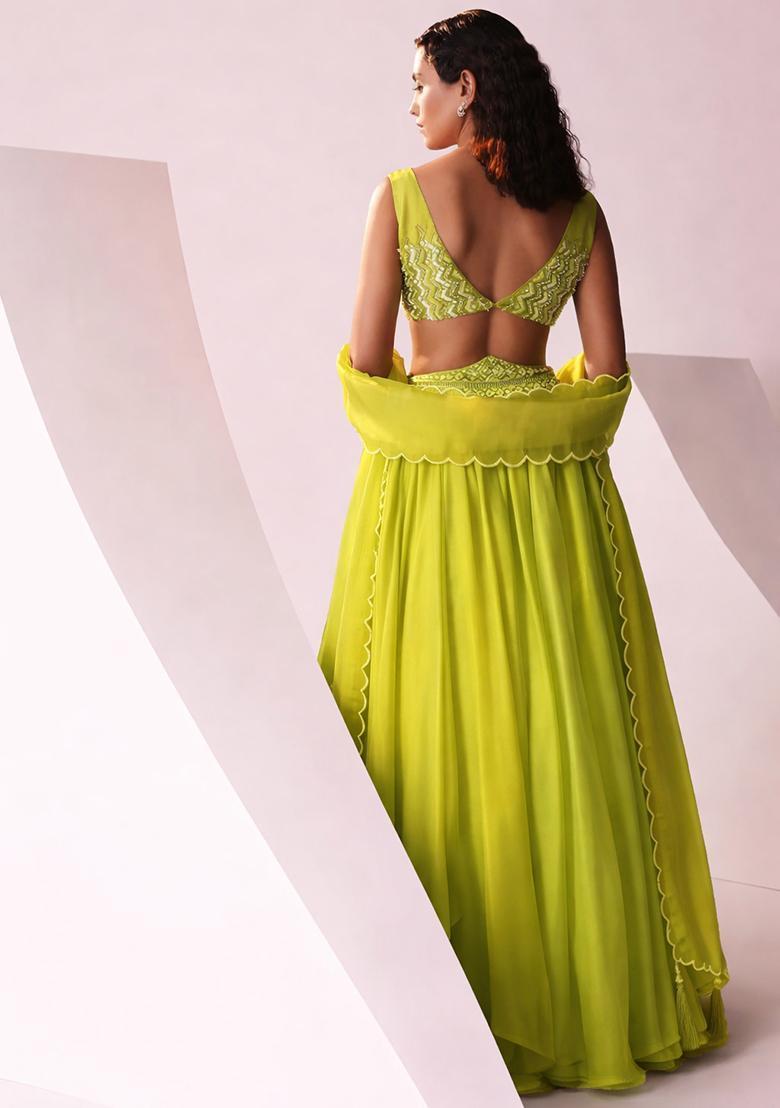 Lime Green Embroidered Handwork Lehenga Set - Indya
