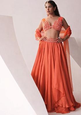 Orange Embroidered Handwork Lehenga Set