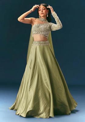 Sage Green Embroidered Handwork Lehenga Set