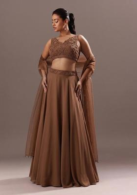 Chocolate Brown Embroidered Handwork Lehenga Set